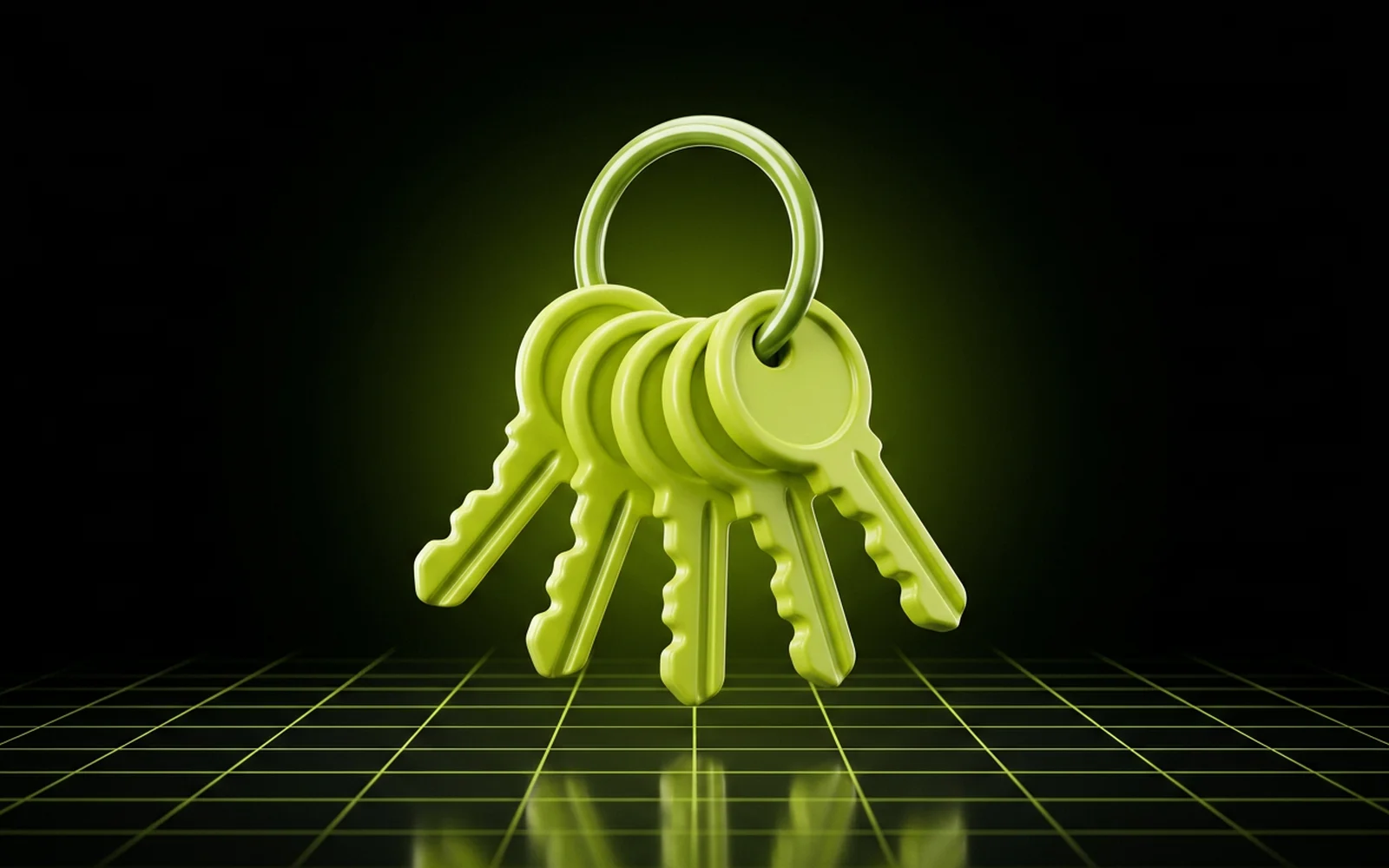 A lime key ring holding five keys, one for each client account