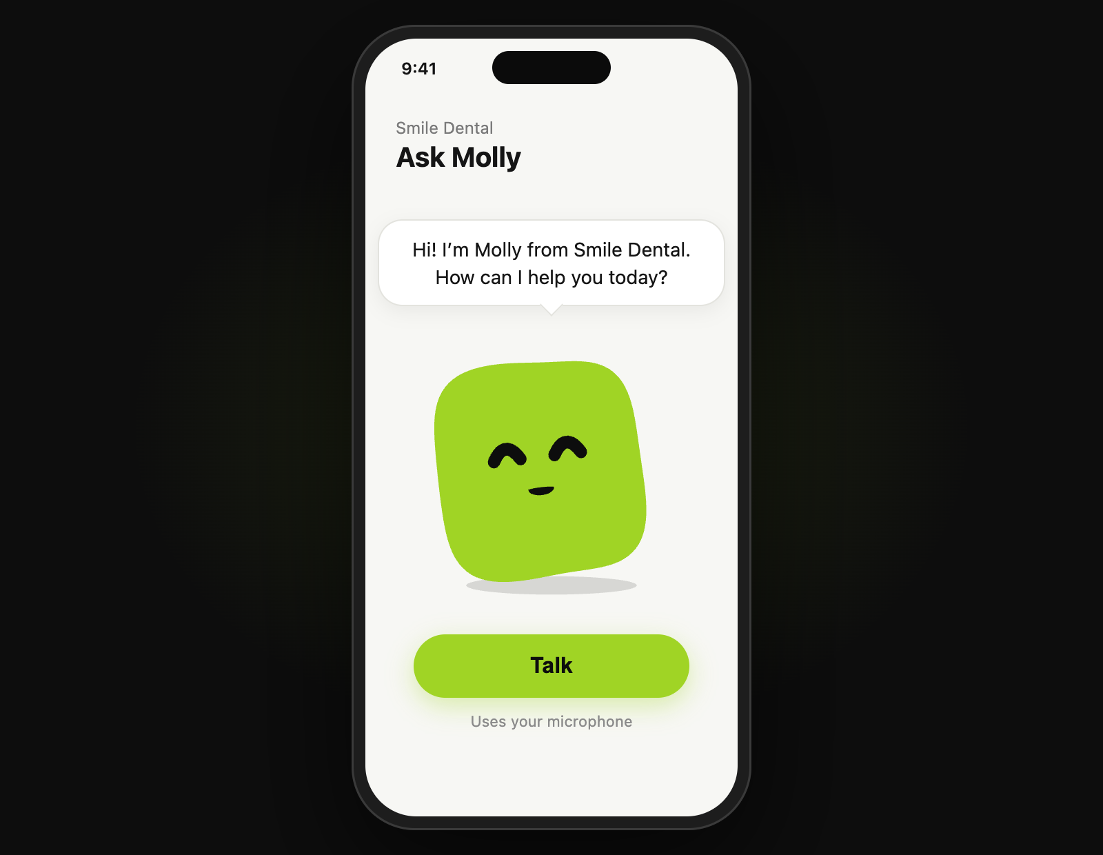 A green mascot in a phone app, talking, with a speech bubble above it
