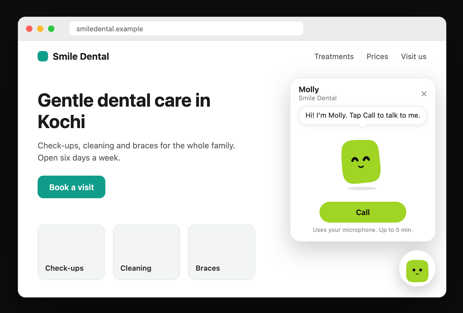 A dental clinic website with the mascot widget open at the bottom right: a speech bubble saying hello, a green mascot and a Call button